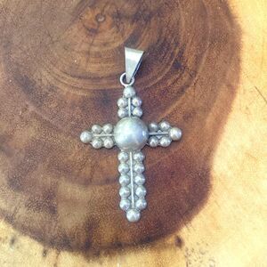Vintage Taxco Mexico 925 Sterling Silver Large Beaded Ball Cross Pendant